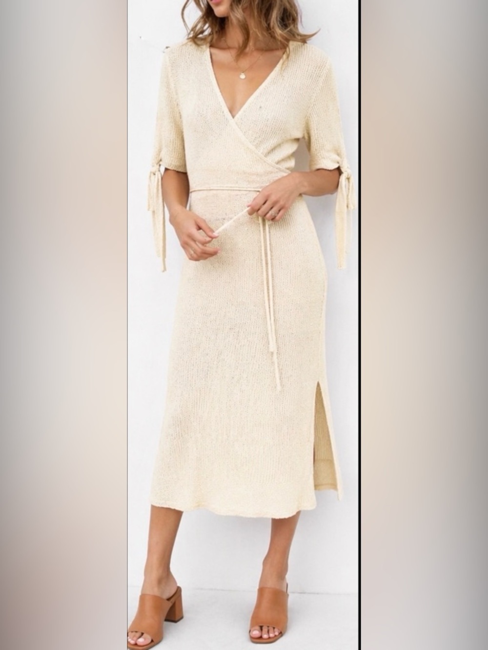 POL Cream Knit Wrap Dress Small Boho Cottagecore Tie Sleeve Midi NWOT